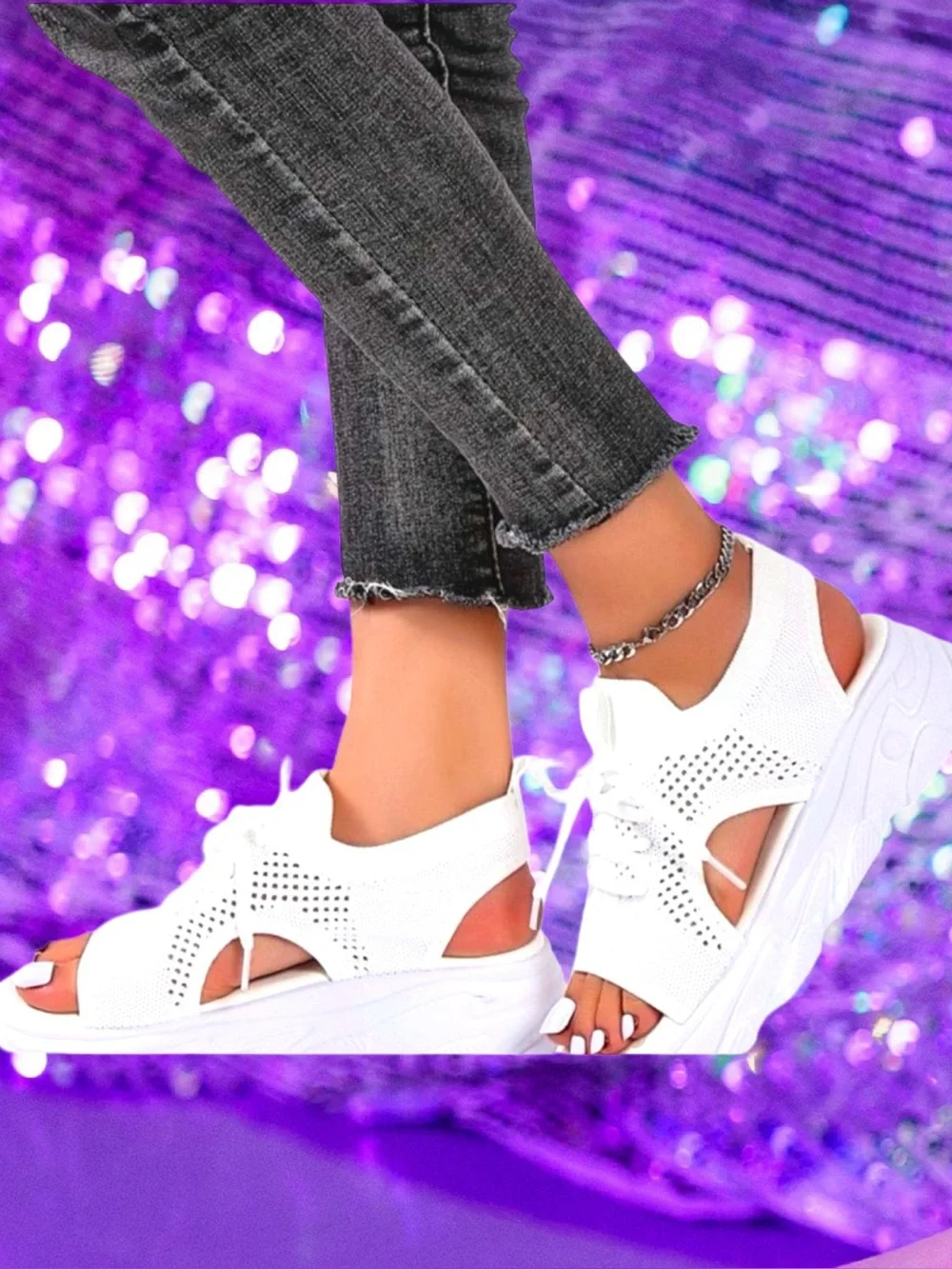 Women’s White Open-Toed Lace-up Knit Platform Sneaker-Sandals⭐️⭐️Sz: 10